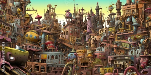 illustration of a surreal chaotic and fictional city, crazy fantasy landscape, generative ai © CROCOTHERY