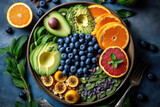 Dietary Food Concept. Top View of Vegan Buddha Bowl with Sweet Potatoes, Blueberries, Avocados and Orange. Generative AI