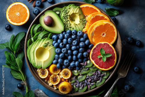 Dietary Food Concept. Top View of Vegan Buddha Bowl with Sweet Potatoes, Blueberries, Avocados and Orange. Generative AI