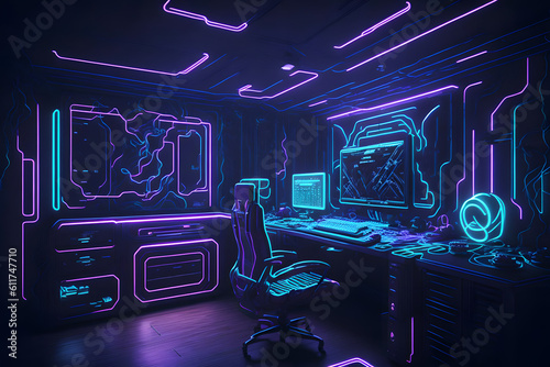 Neon futuristic glowing interior game room. Generative AI