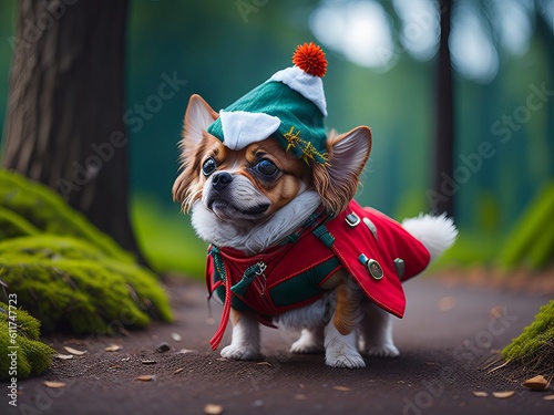 Tiny cute and adorable Dog as adventurer dressed in christmas outfit. Generative AI 