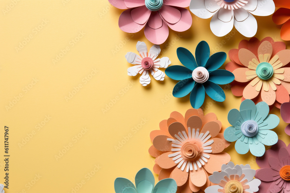 Naklejka premium Frame with Free Space for Your Design Made of Paper Cut Flowers with Leaves on yellow background. Generative AI