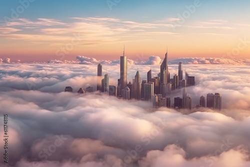 Panorama top of clouds and skyscrapers above the clouds . Generative AI