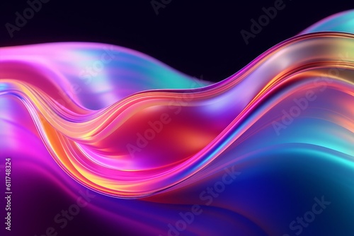 Abstract 3d render iridescent neon holographic twisted wave in motion. Vibrant colorful gradient design element for banner, background. Generative AI