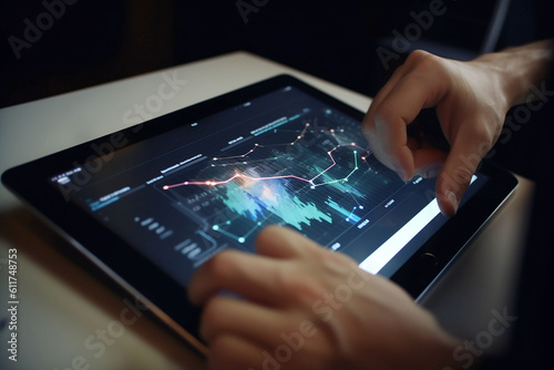Close up of human hands using tablet pc with forex chart on screen. Generative ai