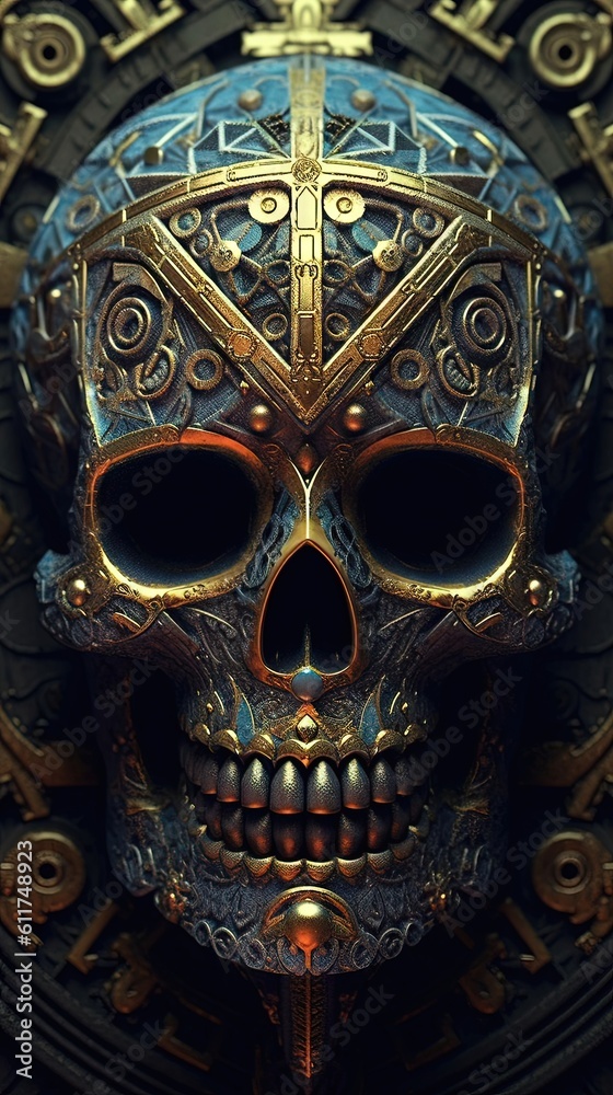 Un crâne avec un thème aztèque et des runes rougeoyantes. Montezuma roi.