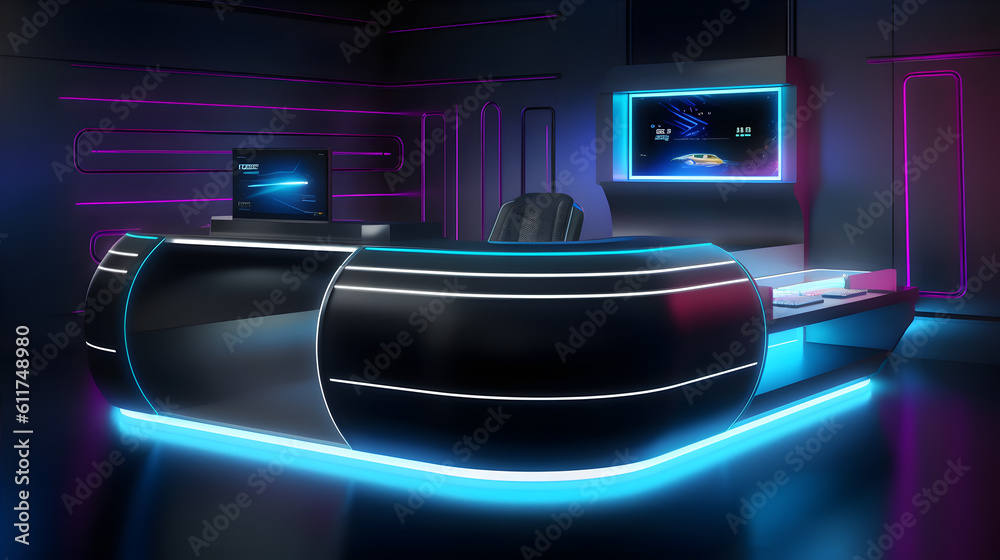 Futuristic registration reception desk, virtual gym, metaverse, advanced holographic displays, 3D futuristic aesthetic. Generative ai.