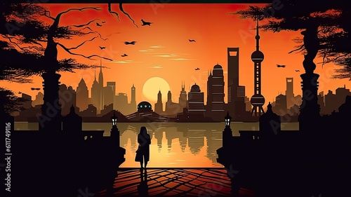 Scene silhouette of famous place  Beautiful landscape of Bund in Shanghai famous landmark vector.Generated with AI. © sirisakboakaew