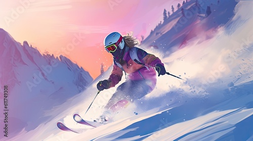 Active Winter Sport - Female Skier Going Down Alpine Slopes in the Majestic Winter Landscape. Generative AI