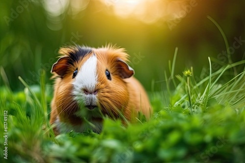 Adorable Guinea Pig Enjoying Summer Walk in Fresh Green Grass - Cute Pet Rodent Eating Outdoors: Generative AI photo