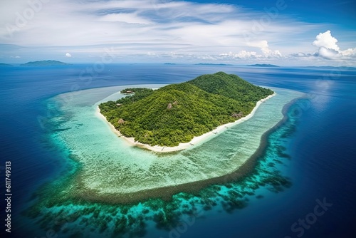 Aerial View of Tropical Borneo Island Bohey Dulang, Malaysia - Scenic Blue Sea and Sky on Sabah Island. Generative AI