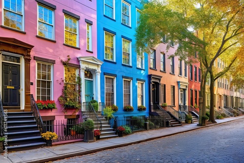 Colorful Houses Along Gay Street, West Village - Architectural Charm in Downtown Manhattan: Generative AI