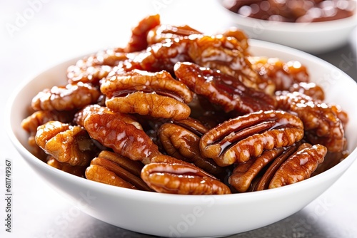 Delicious Candied Pecans for Salads and Desserts. Caramelized Pecans in a White Bowl on a Background Dish. Generative AI