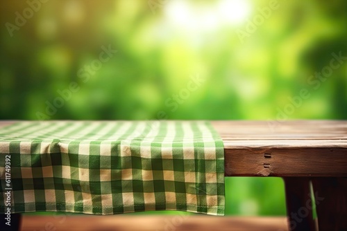 Green Checked Tablecloth on Wooden Table with Bokeh Background - Empty Space for Napkins and Tableware. Generative AI