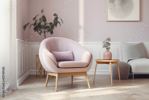 Delicate pink armchair in a modern classic interior. Generative AI illustration © colnihko