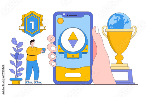 Gamification and Interactive Experiences Concept with Person Playing a Gamified App and Earning Badges