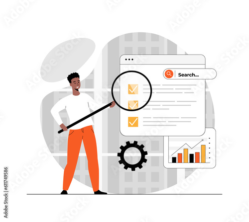 SEO analysis concept. Man settings site for search engines, analyzes statistics of web page, improvement and optimization. Illustration with people scene in flat design for website mobile development