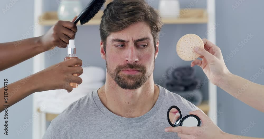 Makeover, hands and face of man in a bathroom for grooming, hygiene and wellness. Transformation, portrait and male relax with luxury change, styling and beauty product, tools and treatment at home
