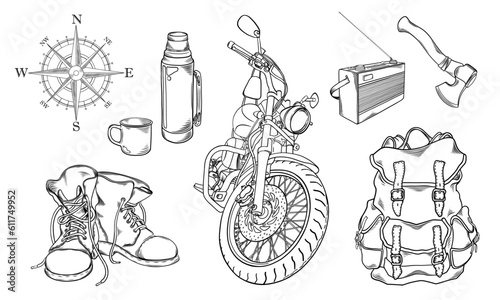 Set of hand drawn hiking and travel elements isolated on white background. Road trip concept. Moto travel. Wanderlust. Adventure. Vector illustration engraving style