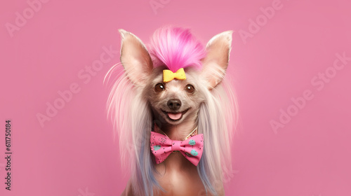 Happy and cheerful dog with long hair and decorations on a pink background. Banner. Copy space. AI generation