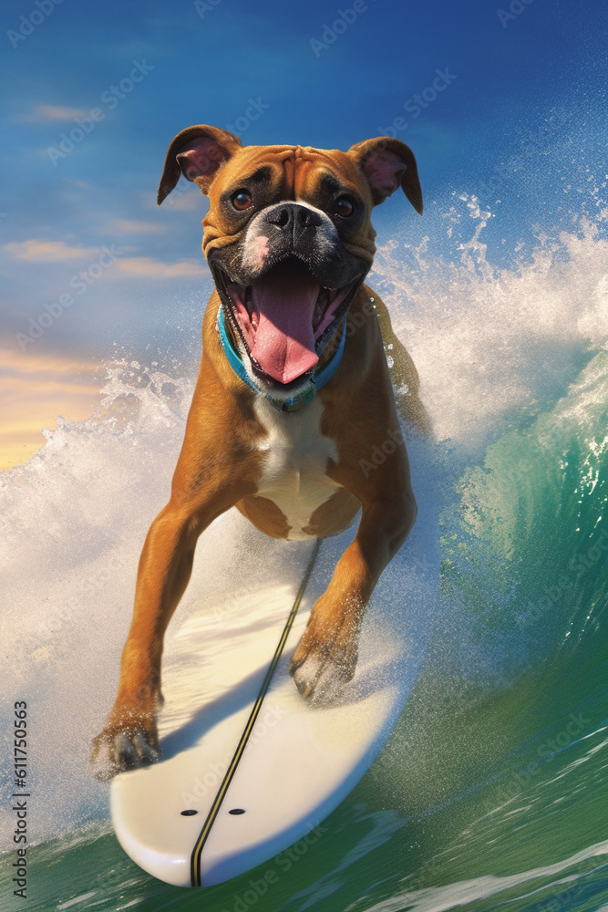 cooler fröhlicher Boxer Hund beim surfen auf einem Surfboard im Meer mit großen Wellen in Action. Hochformat. Hochkant. Generative Ai.