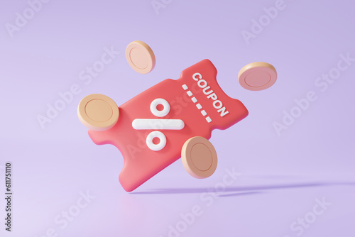 3D promotion sale percentage special discount coupons tag and coins floating on purple background marketing profitable online shopping concept. cashback, customer refund. 3d rendering illustration