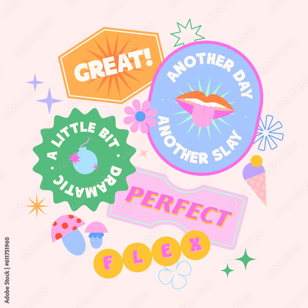 Vector set of cute funny template with patches and stickers in 90s style.Modern symbols in y2k aesthetic with text.Trendy acid design for banners,social media marketing,branding,packaging,covers
