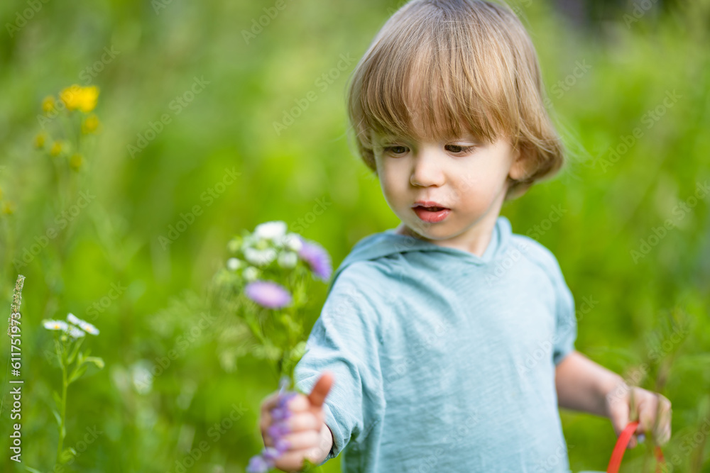 Adorable toddler boy having fun outdoors on sunny summer day. Child exploring nature. Summer activities for kids. Adorable toddler boy having fun outdoors on sunny summer day. Child exploring nature. Summer activities for kids.