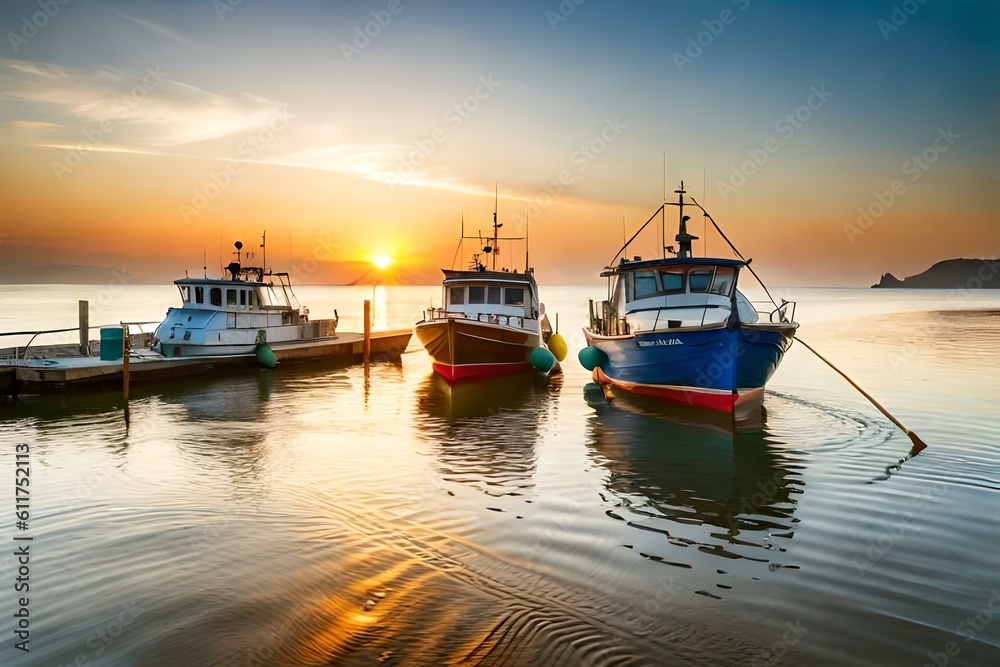 fishing boats at sunset