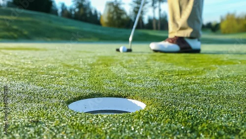 Golfer on the green misses a close putt and gets frustrated