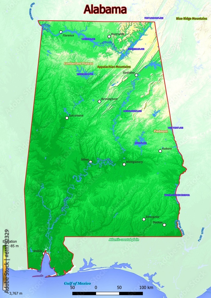 Physical map of Alabama with mountains, plains, bridges, rivers, lakes