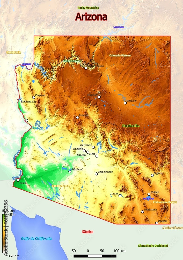 Physical Map of Arizona with Mountains