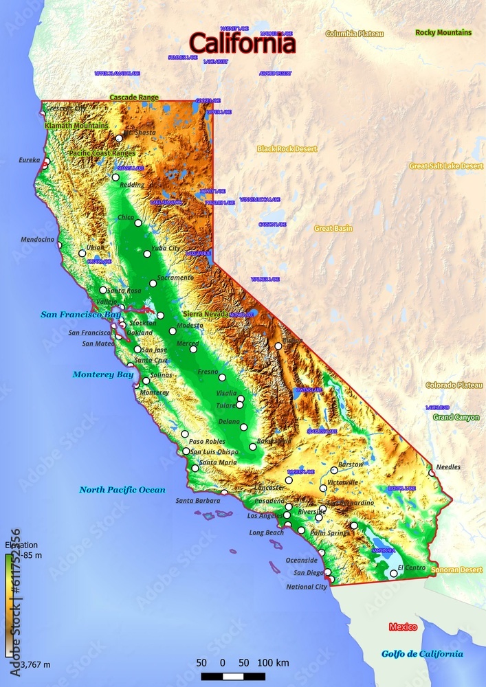 Physical map of California with mountains, plains, bridges, rivers ...