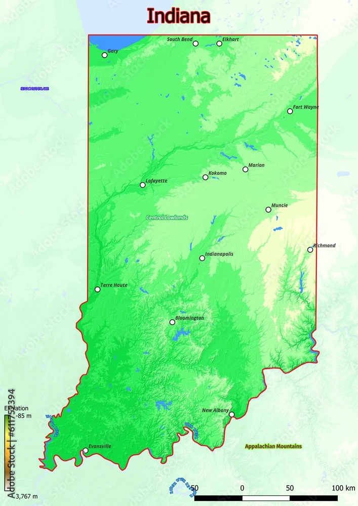 Physical Map Of Indiana With Mountains, Plains, Bridges, Rivers, Lakes 