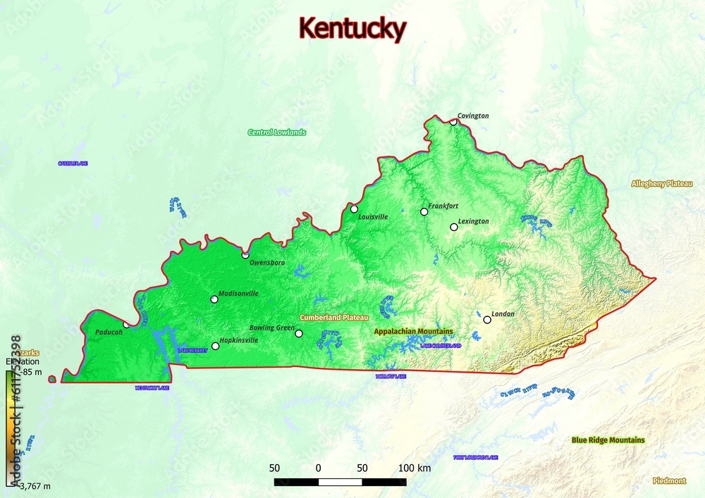 Physical map of Kentucky with mountains, plains, bridges, rivers, lakes