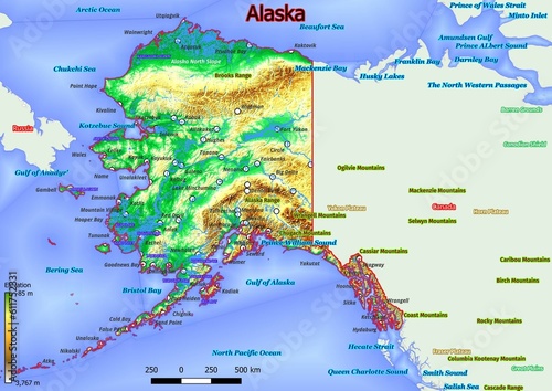 Physical map of Alaska with mountains, plains, bridges, rivers, lakes, mountains, cities