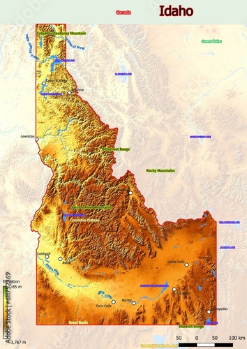 Physical map of Idaho with mountains, plains, bridges, rivers, lakes, mountains, cities