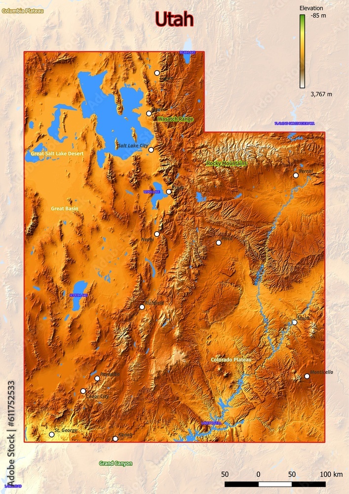 Physical map of Utah with mountains, plains, bridges, rivers, lakes ...
