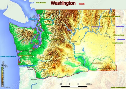 Physical map of Washington with mountains, plains, bridges, rivers, lakes, mountains, cities