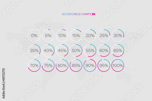 5 10 15 20 25 30 35 40 45 50 55 60 65 70 75 80 85 90 95 100 percent pie chart set. Circle diagrams. World map. Vector percentage set for download, infographic, progress, business, finance, report photo