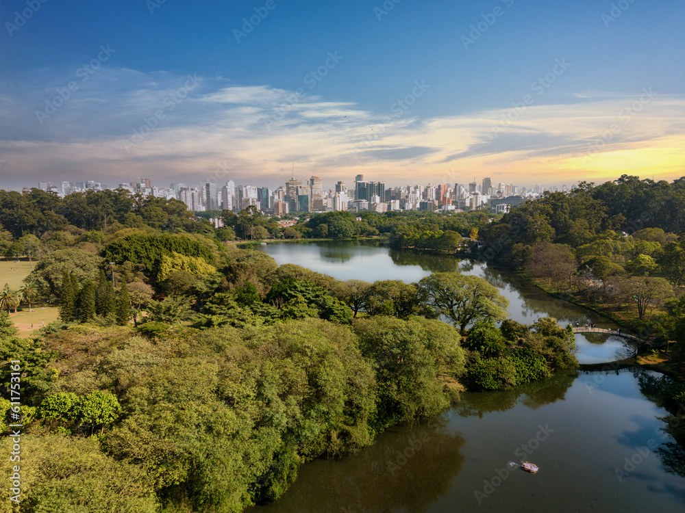 Aerial view of Sao Paulo city, next to Ibirapuera Park. Prevervetion area with trees and green area of Ibirapuera park in Sao Paulo city, Brazil.