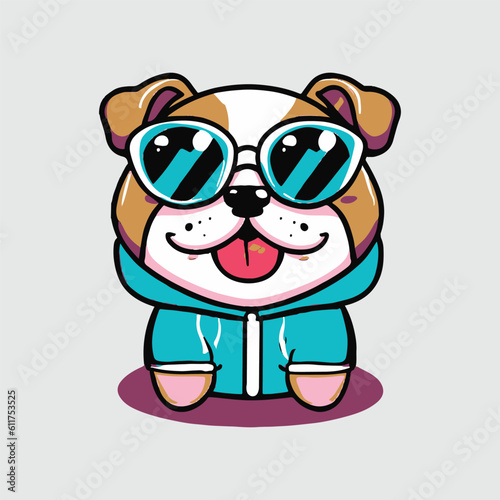 kawaii cute happy bulldog wearing sunglasses t shirt design