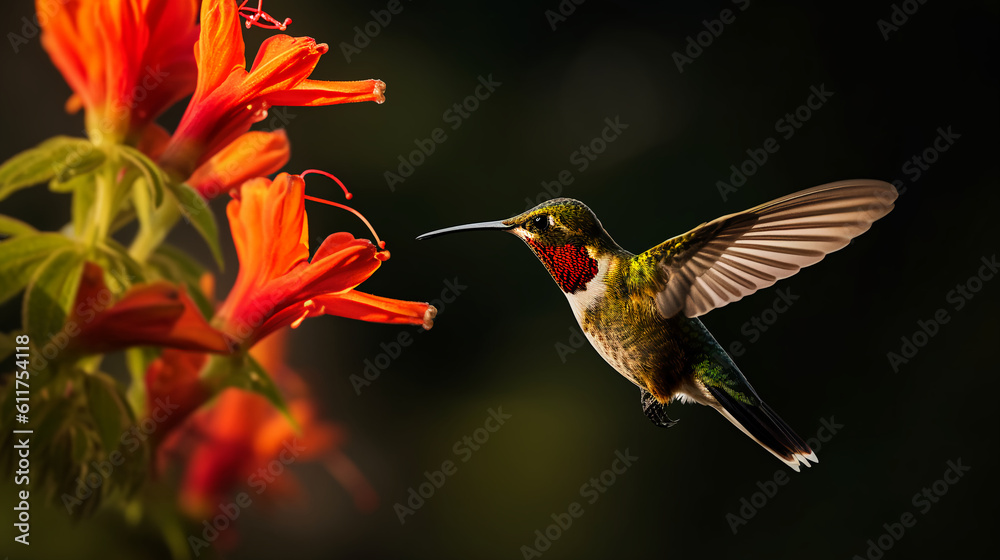 Fototapeta premium A charming hummingbird hovering mid - air, sipping nectar from a delicate flower, generative ai