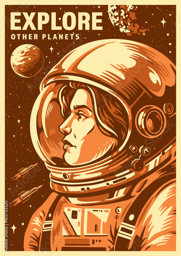 Woman astronaut vintage poster monochrome