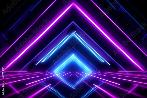Technological and futuristic abstract neon light shapes on black background over, generative ai