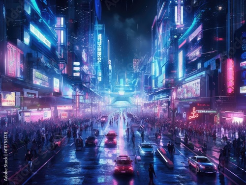 Transport the viewer to a futuristic fantasy realm where an agile warrior engages in a high-stakes swordfight against energy-wielding adversaries, surrounded by neon-lit cityscapes and futuristic arch