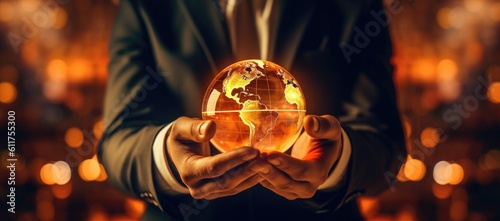 businessman's hands holding the earth globe with light showing Generative AI