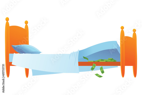 Keep money under bed mattress. Poor financial literacy, cash saving, cartoon vector illustration isolated on white. Dollar stash in bad place, person get cash