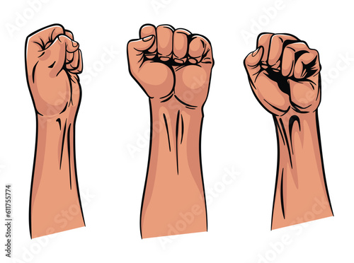 Rised fist hand gesture emblems. Vector hand clenched into fist and rising up, symbols isolated on white background. Power signs. Human hands up in the air