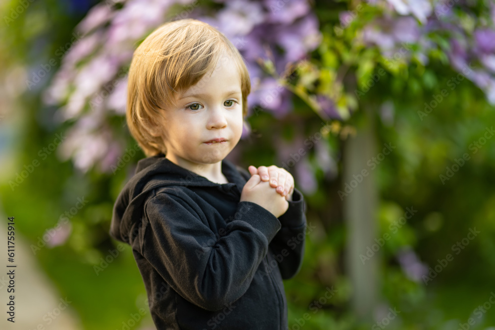 Adorable toddler boy having fun outdoors on sunny summer day. Child exploring nature. Summer activities for kids. Adorable toddler boy having fun outdoors on sunny summer day. Child exploring nature. Summer activities for kids.